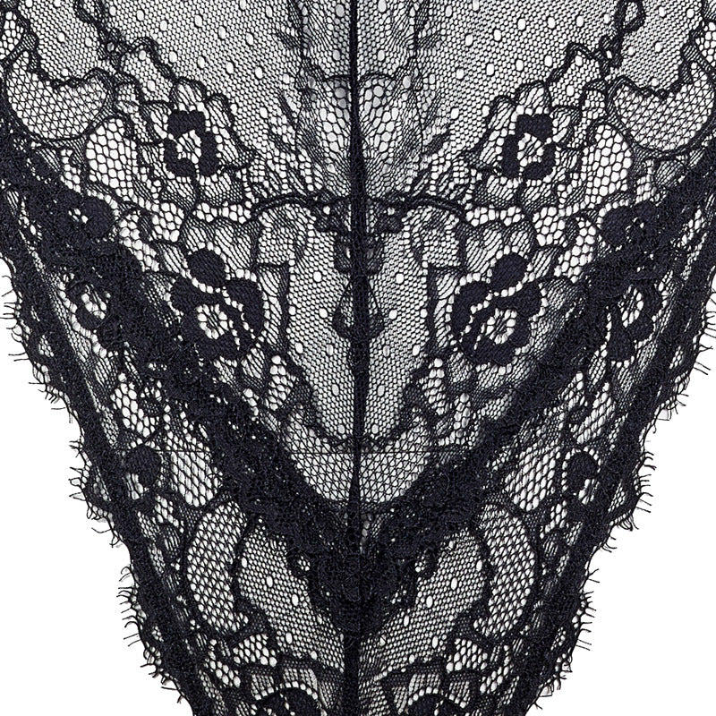 FREEDOMBEAUTY | FQ2718 Elastic Eyelash Lace Deep V Cross Strap Halter Black Sexy Sexy High Forked onesie