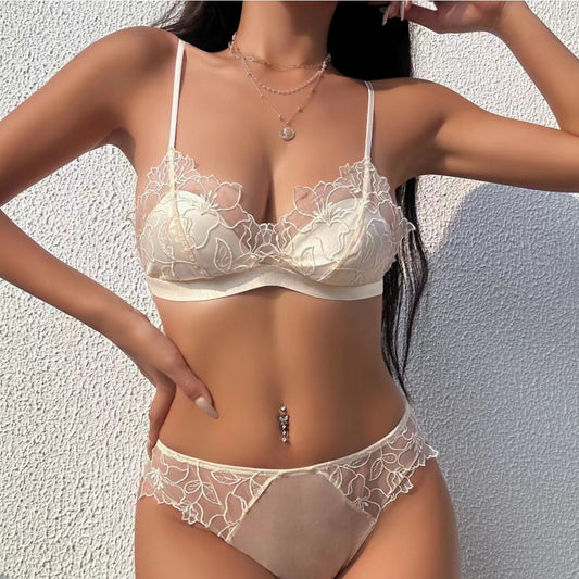 FREEDOMBEAUTY | French Underwear Sexy Thin Cup Triangle Cup Steelless Bra Set Red Natal Embroidered Lace Underwear