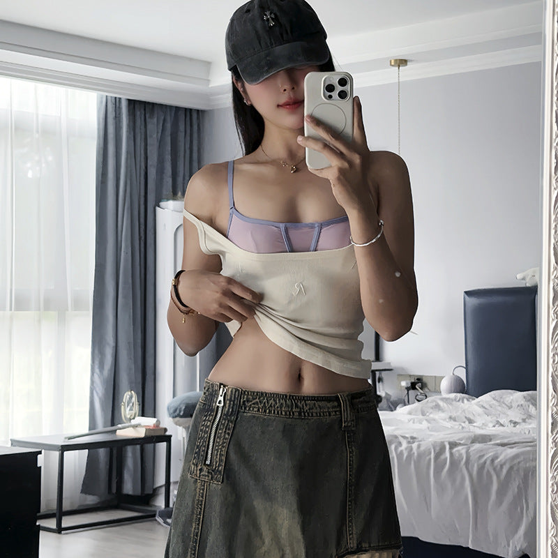 FREEDOMBEAUTY | Summer breathable contrasting mesh girls' underwear thin steel rim with chest pad anti-light comfortable bra wholesale