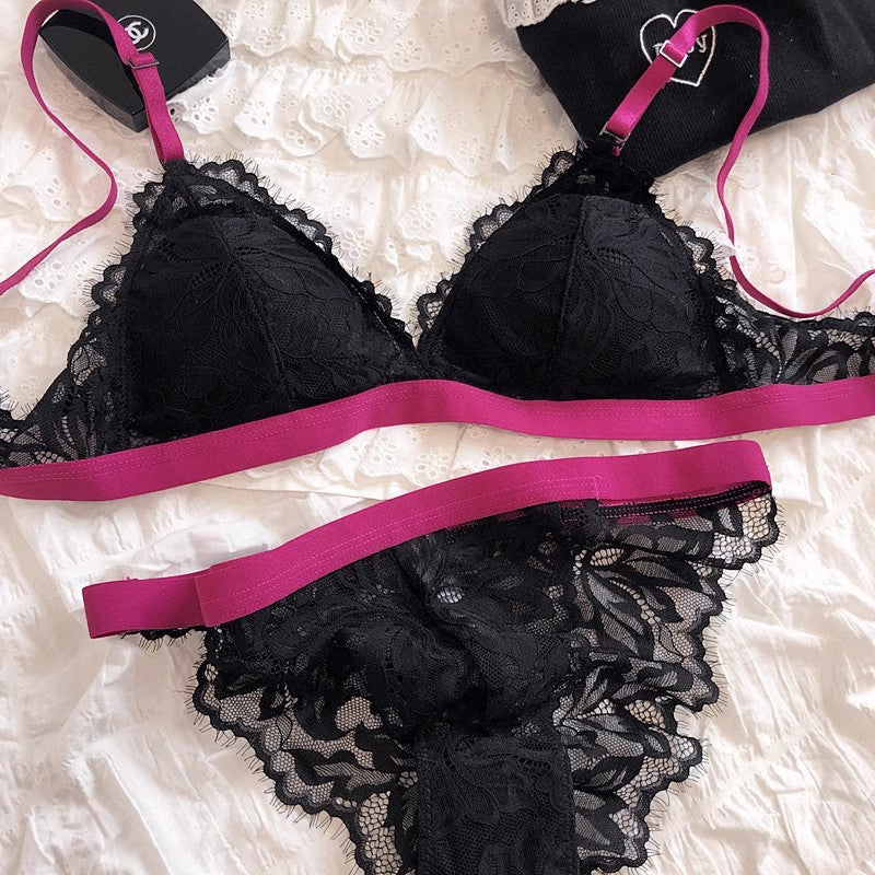 FREEDOMBEAUTY | Cross-border French underwear thin contrasting color triangle cup no steel ring bra big chest small sexy lace bra set