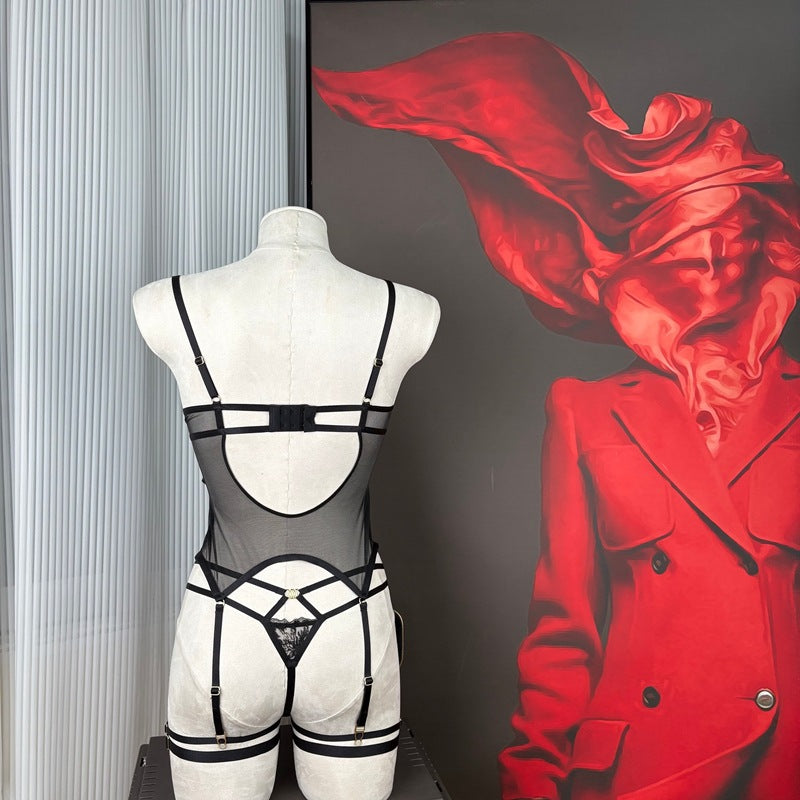 FREEDOMBEAUTY | FQ2873 Embroidery Sponge Tie Corset Garter Mesh Perspective Lingerie Seduction Black Christmas Red