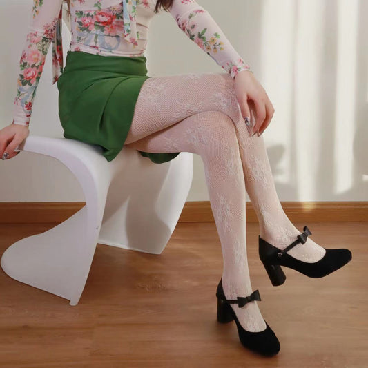 FREEDOMBEAUTY | Spring and Summer New Product Premium Girl Hollow Vintage Lace Elegant French White Black Versatile Spice Girls Pantyhose