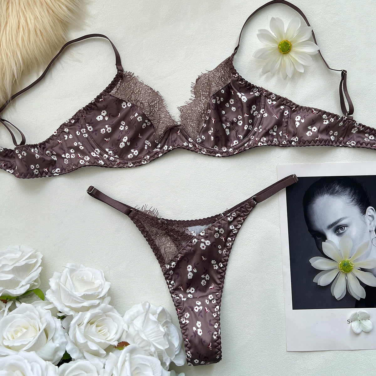 FREEDOMBEAUTYDIER French satin small floral lace splicing bra thong set underwear panty set
