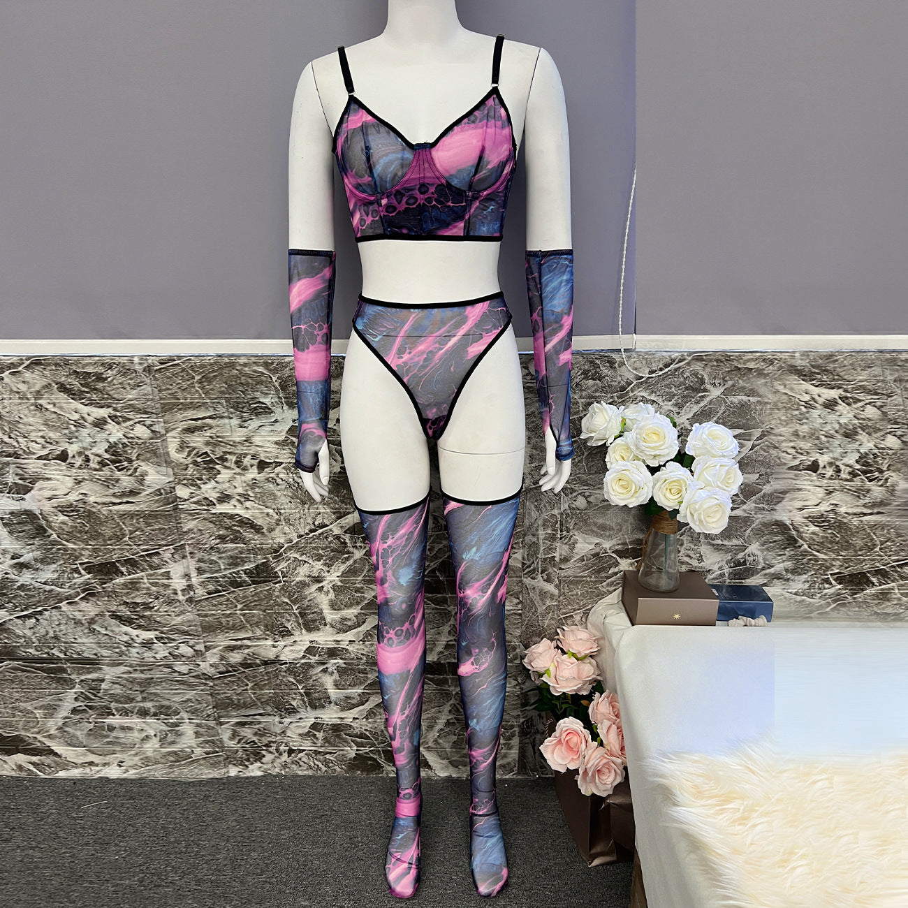 freedombeauty|New tie-dye sexy underwear 4-piece set, short vest, gloves, stockings, party sexy outerwear set
