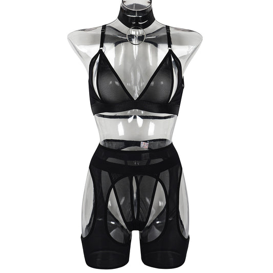 Freedombeauty | Sexy solid color splicing mesh underwear perspective hollow back low chest sex four-piece set