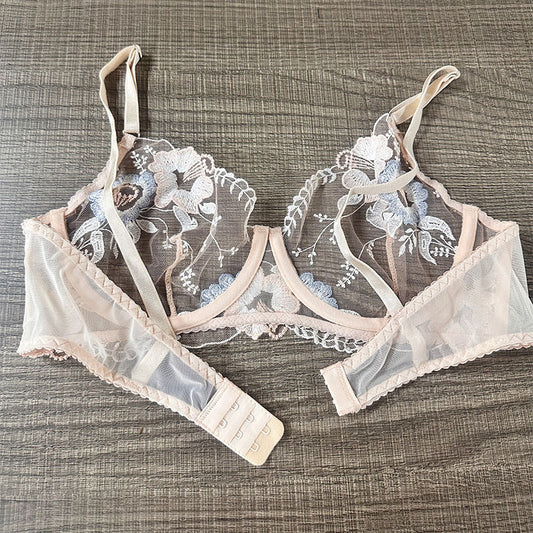 FREEDOMBEAUTY | French Underwear Mesh Embroidery Flower Sexy Lace Big Breast Small Rim Bra Bra Set Sexy Bra