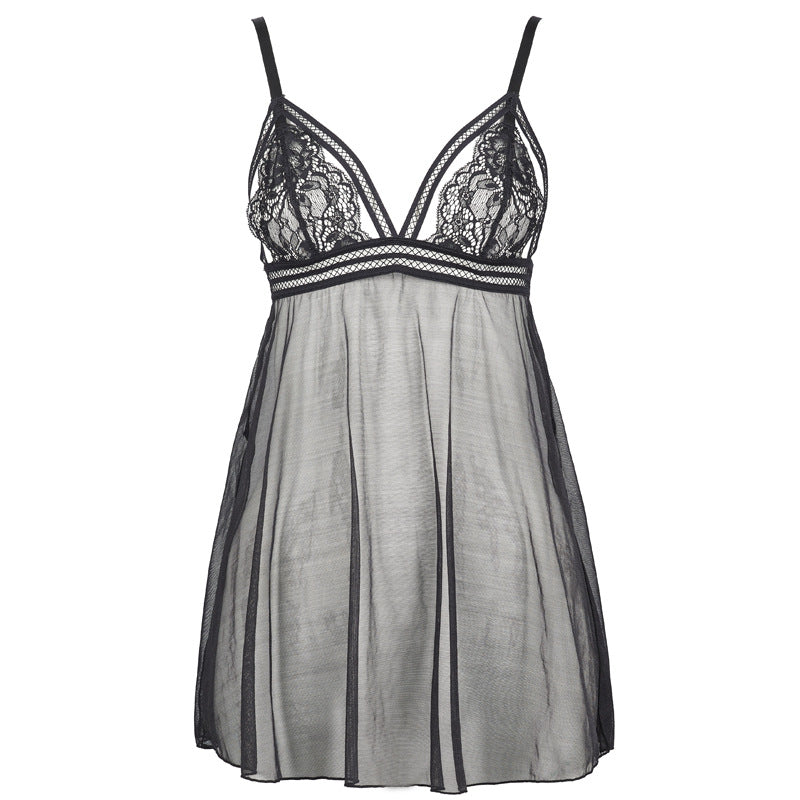 Freedombeauty | FQ2731 Black Lace Glitter Perspective Mesh Sexy Pajamas onesie Triangle Cup Low Waist Panties Garter Belt