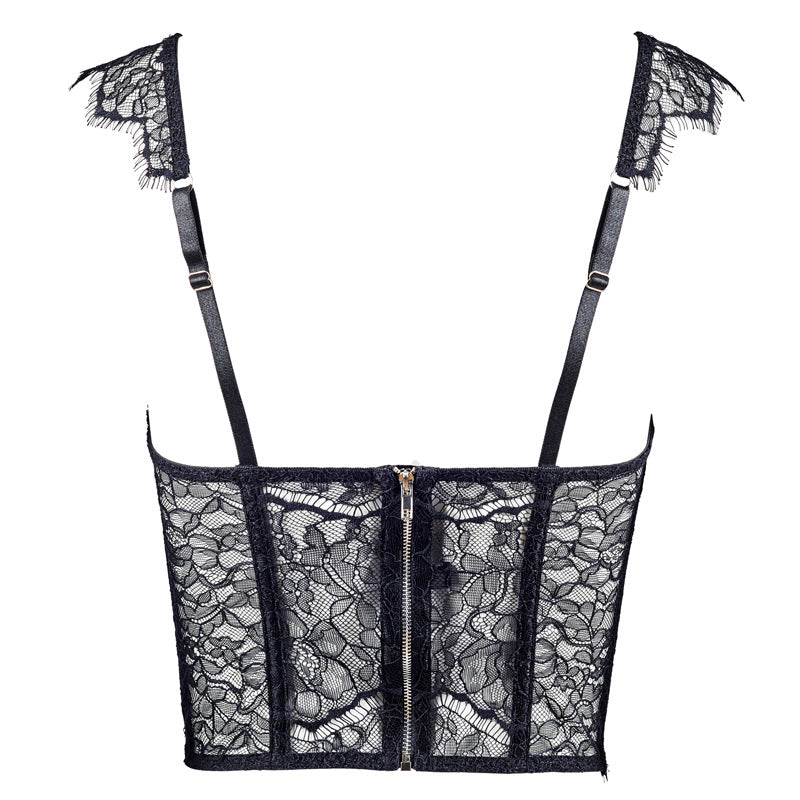 Freedombeauty | FQ2709 Eyelash Lace Sponge Rim Cross Strap Fishbone Bust with Exterior Zipper