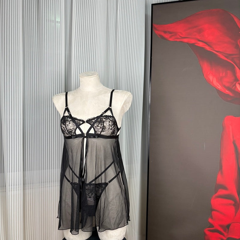 FREEDOMBEAUTY | FQ2874 Perspective mesh sex underwear suspender nightdress embroidery slit seduction suit women's cross-border straps Europe and America