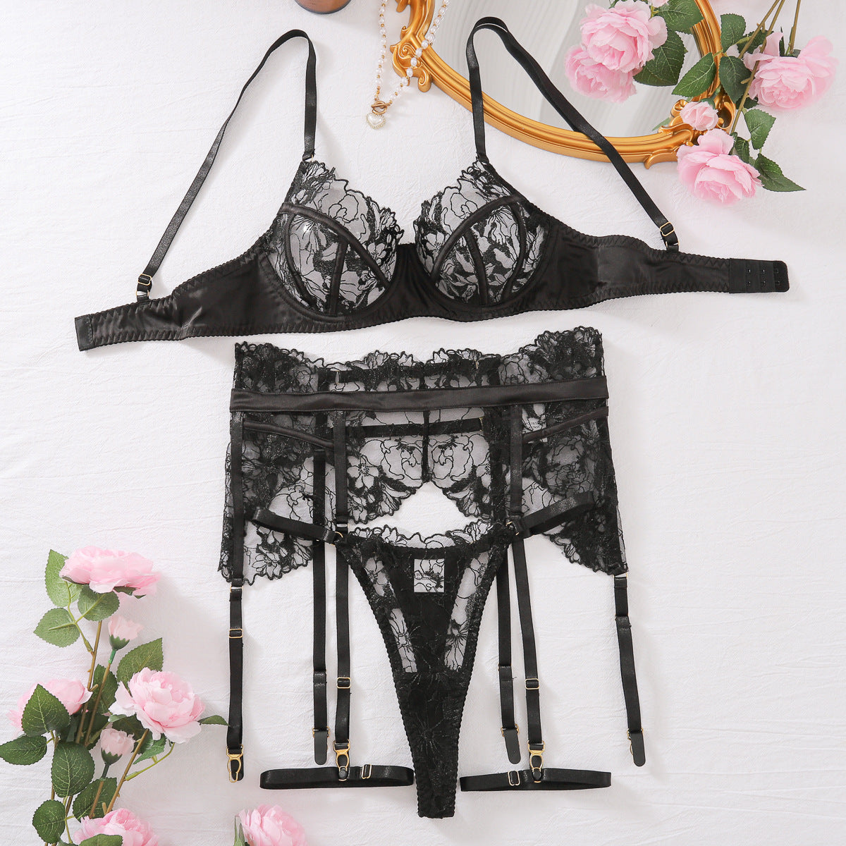 Freedombeauty | Sexy lingerie lace embroidery perspective splicing seduction tease bra set four-piece set