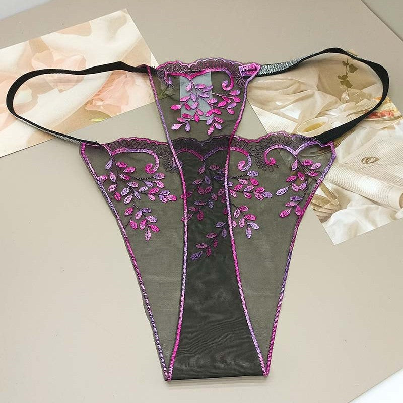 FREEDOMBEAUTY | New Purple Gold Black Hollow Sexy Transparent Black Mesh Embroidery Women's Light Sex Thong T-Pants Cross-border