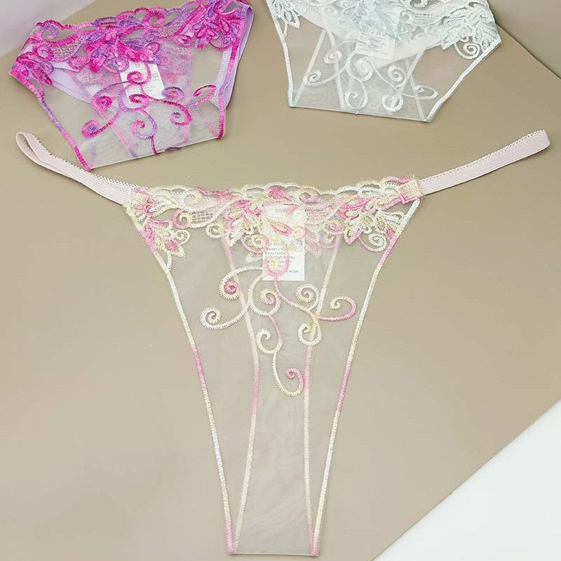 FREEDOMBEAUTY | Embroidery Sexy Transparent Women's Thong Perspective European and American Seduction Panties Cross-border Mesh Embroidery