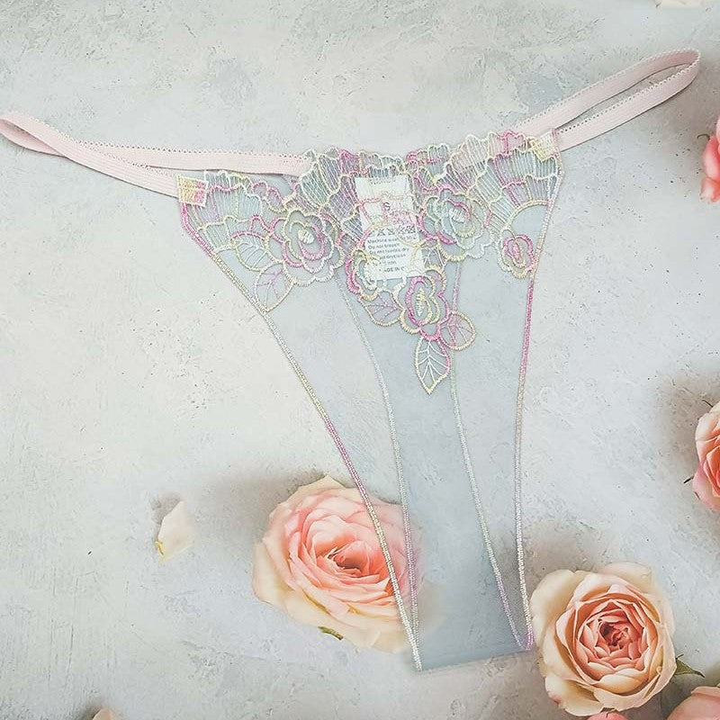 FREEDOMBEAUTY | Sexy hollow women's lace perspective t-pants thong panties mesh embroidery three-color cross-border