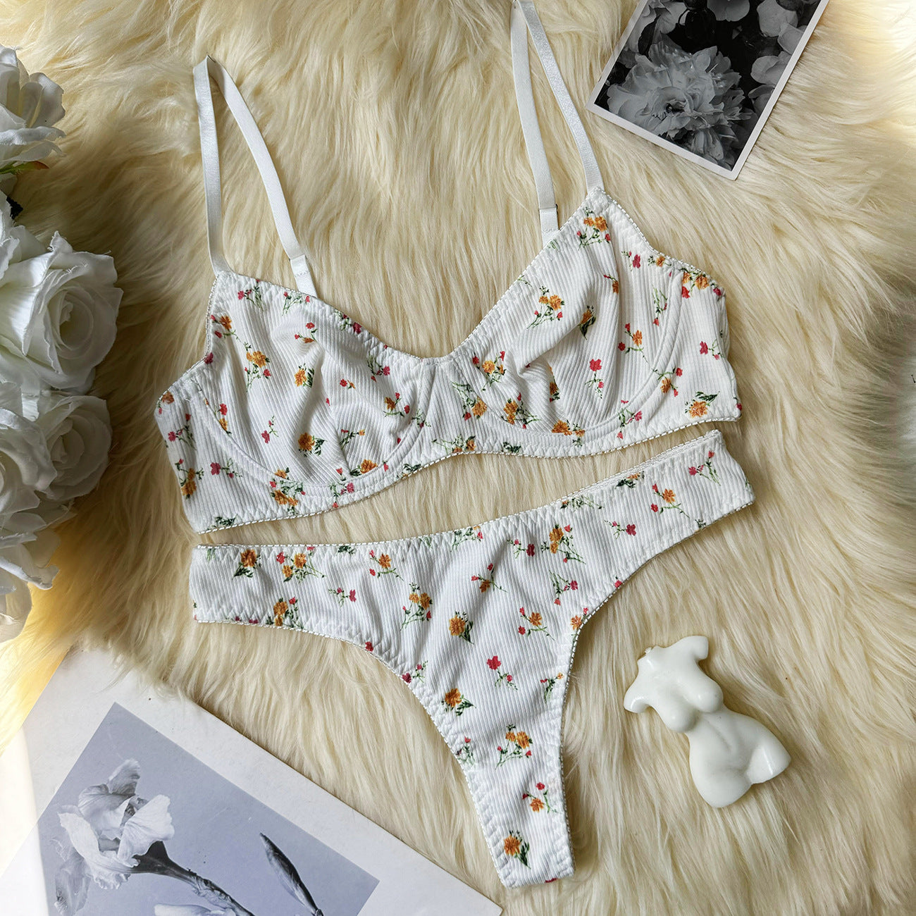 freedombeauty|Cute floral pink ladies bra and thong underwear set