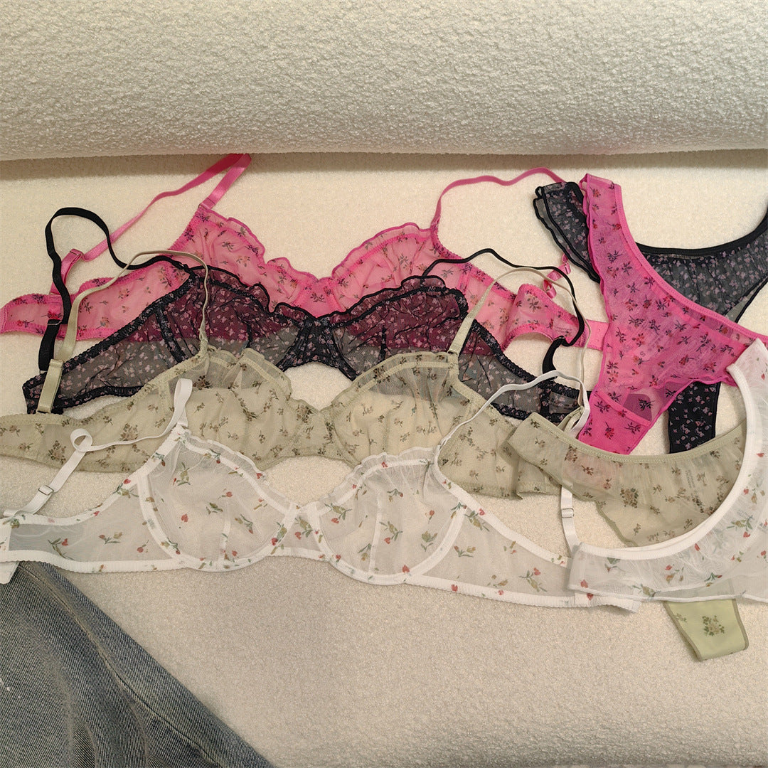 FREEDOMBEAUTY | Foreign trade underwear French lace small floral sweet girl sexy ultra-thin big breasts show small gathering bra set