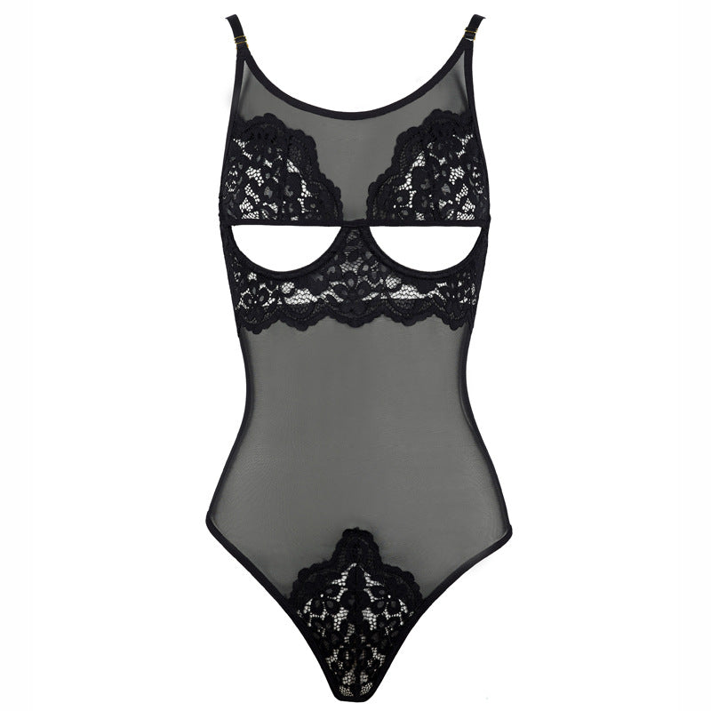 FREEDOMBEAUT | FQ2696 Dew half milk lace see-through mesh yarn with steel ring onesie hollow black seduction lingerie women