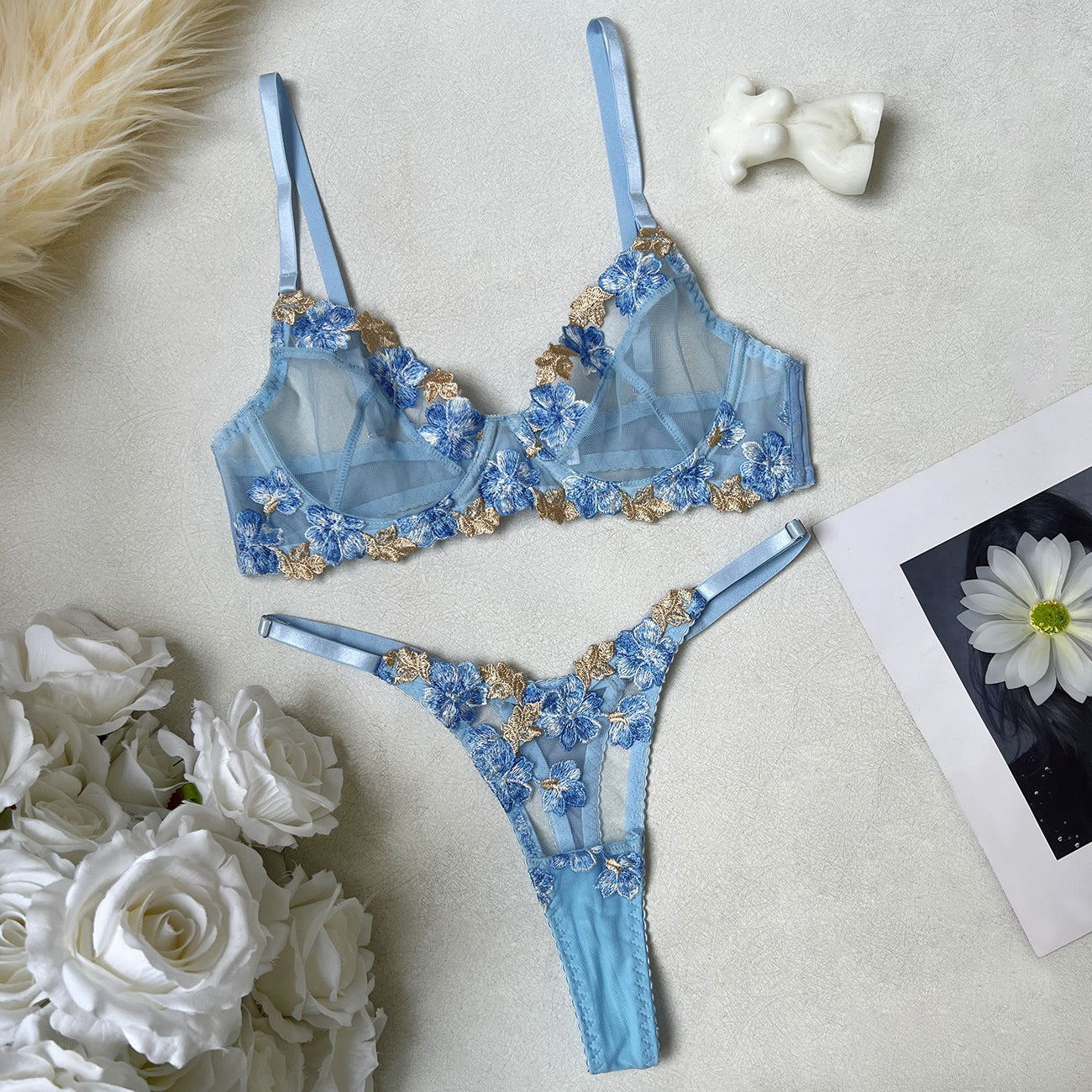 FREEDOMBEAUTY | Cross-border foreign trade INS new honeymoon sexy mesh flower embroidery perspective underwear women's two-piece set