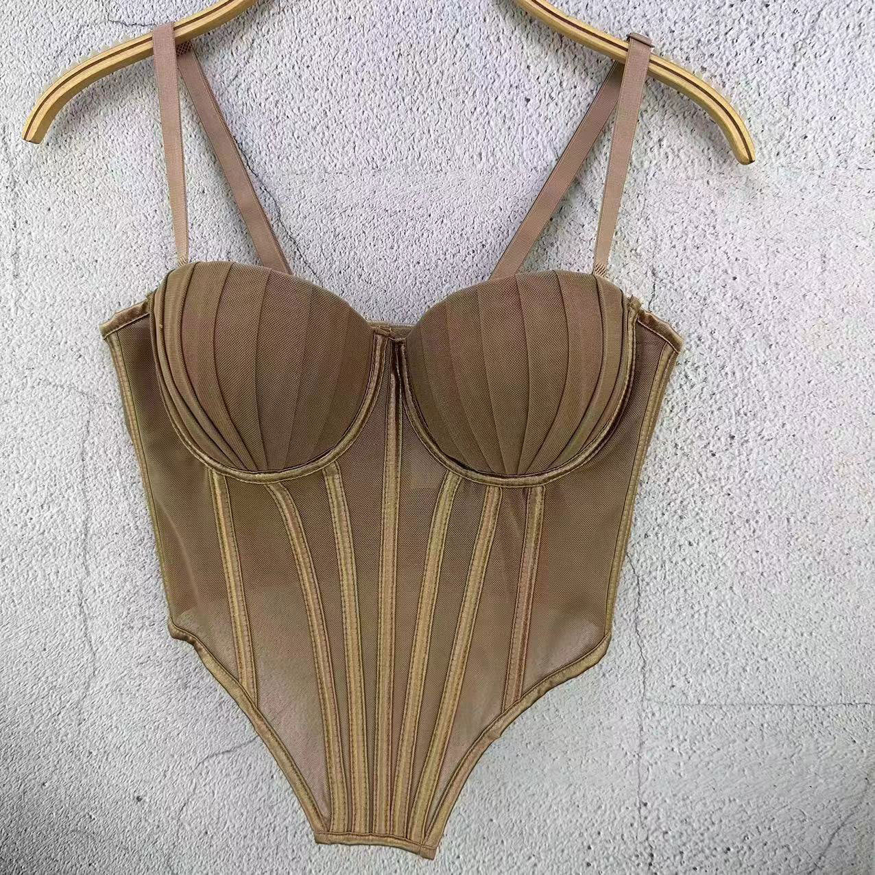 FREEDOMBEAUTY | European Station French Design Sense Mesh Lace Plastic Back Underwear Spice Girl Fishbone Tube Top Women's Thin