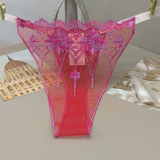 FREEDOMBEAUTY | Triple color green purple pink yellow transparent red mesh pattern embroidery sexy hollow women's sex thong cross-border