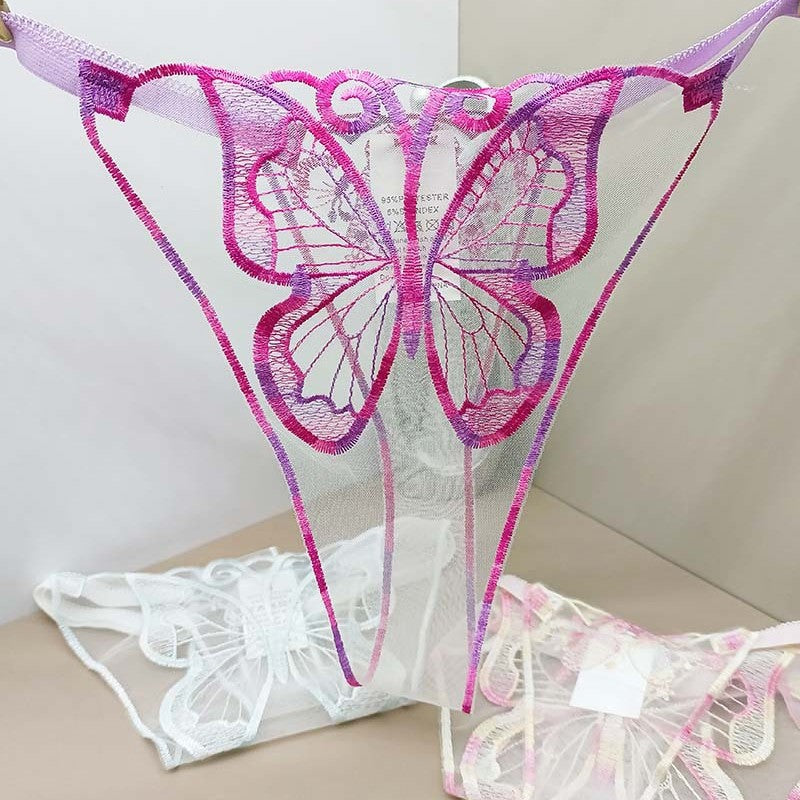 FREEDOMBEAUTY | New women's sexy perspective lace temptation three-piece mesh embroidery butterfly embroidery sex thong cross-border