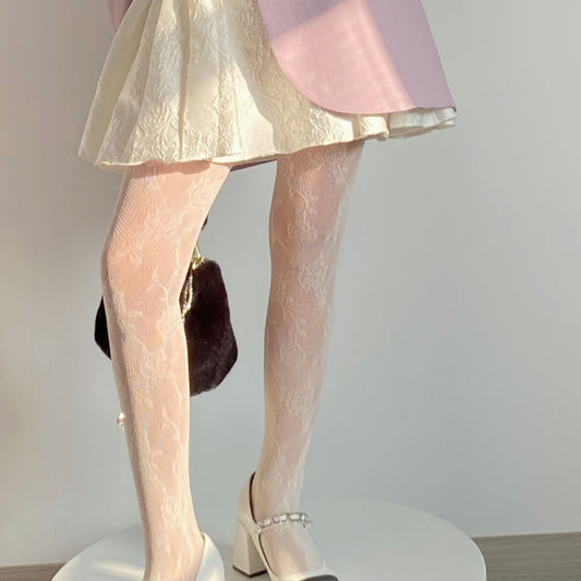 FREEDOMBEAUTY | Autumn and Winter Pure Wind Sweetheart Spice Girls White Silk Vintage Mesh Rose Stockings Fishnet Socks Bottom Pantyhose