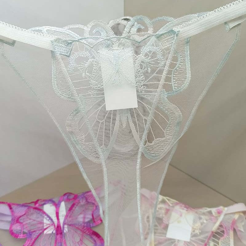 FREEDOMBEAUTY | New women's sexy perspective lace temptation three-piece mesh embroidery butterfly embroidery sex thong cross-border