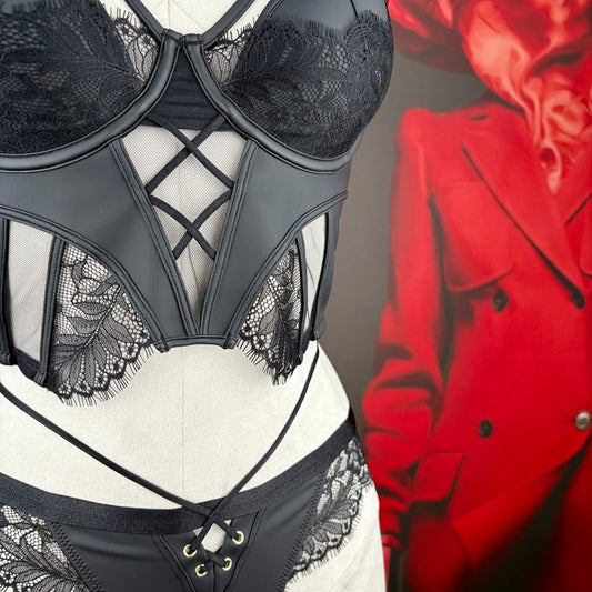 FREEDOMBEAUTY | FQ2880 Reverse Leather Lash Lace Short Corset Black Сексуальное Белье