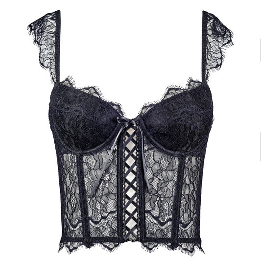 Freedombeauty | FQ2709 Eyelash Lace Sponge Rim Cross Strap Fishbone Bust with Exterior Zipper