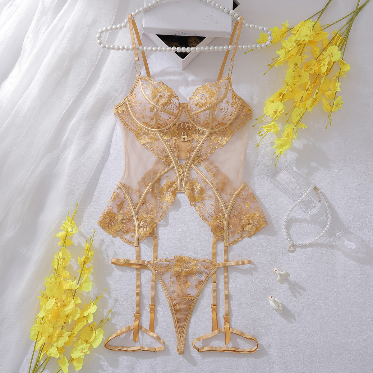 Freedombeauty | Sexy bra set mesh see-through thin lace seduction underwear three-piece set