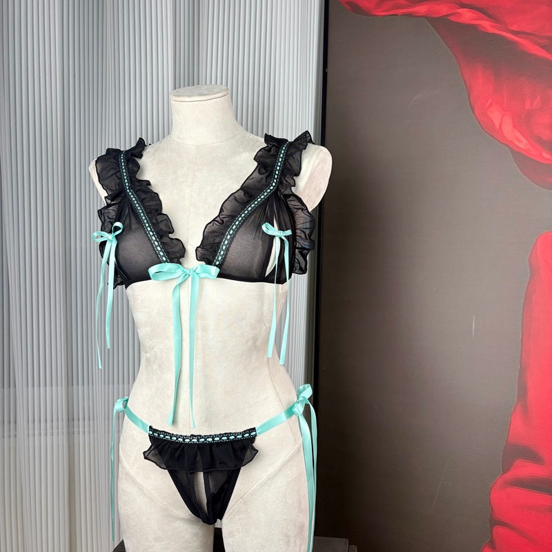 FREEDOMBEAUTY | FQ2096S Bow Hollow Free Sex Underwear Set Women's Big Breast Lotus Leaf Edge Perspective Mesh Pure Desire T