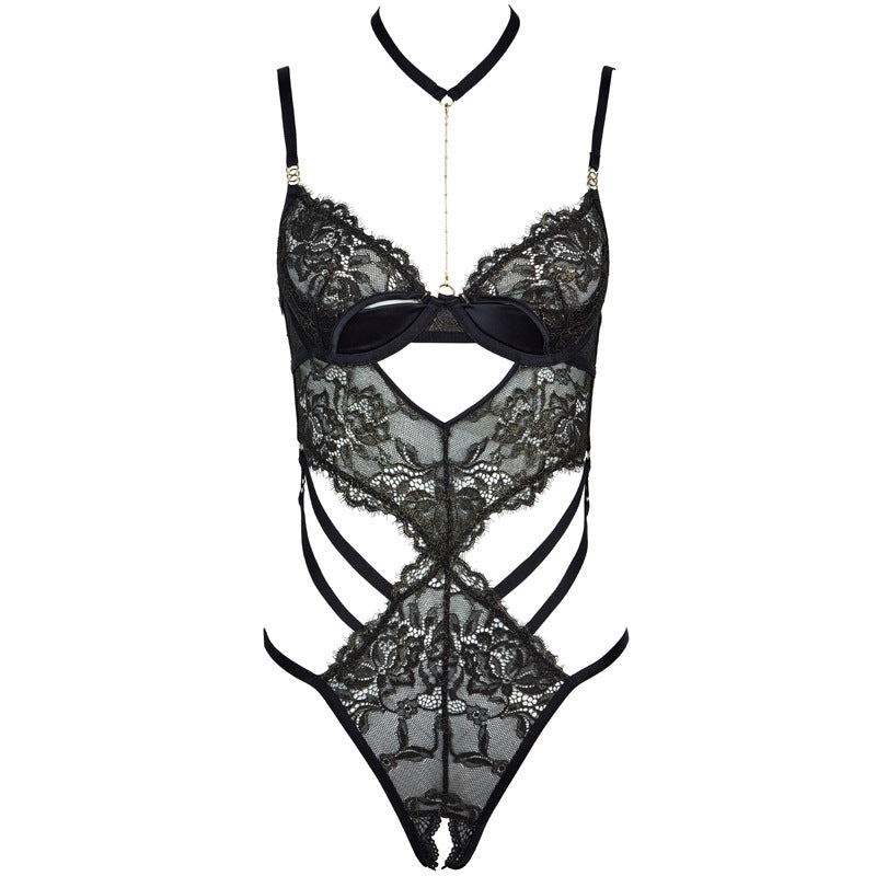 Freedombeauty | FQ2847 French high-end bronzing lace onesie steel ring gathering perspective hollow sex neck underwear women