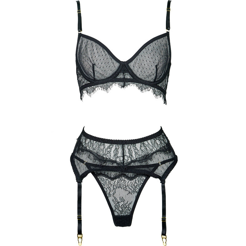 FREEDOMBEAUTY | FQ2946 eyelash lace steel tray ultra-thin polka dot mesh bra thong low waist sexy temptation set cross-border