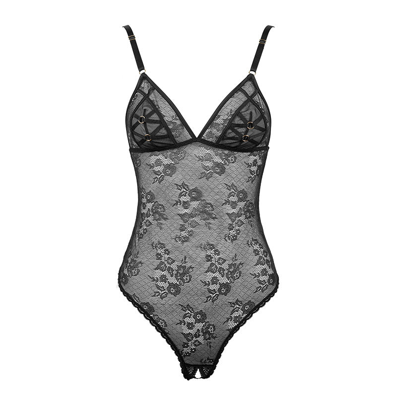 FREEDOMBEAUT | FQ2845 Buttocks onesie open crotch black lace pure perspective pajamas seduction cross strap ladies cross border