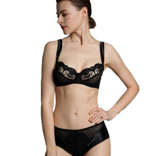 FREEDOMBEAUTY | New pure desire lace satin ultra-thin underwear with large breasts and small soft steel ring anti-sagging gathering bra set