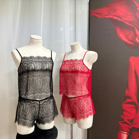 FREEDOMBEAUTY | FQ2870 eyelash lace sling perspective thin hollow women's sex pajamas set black red European and American cross-border