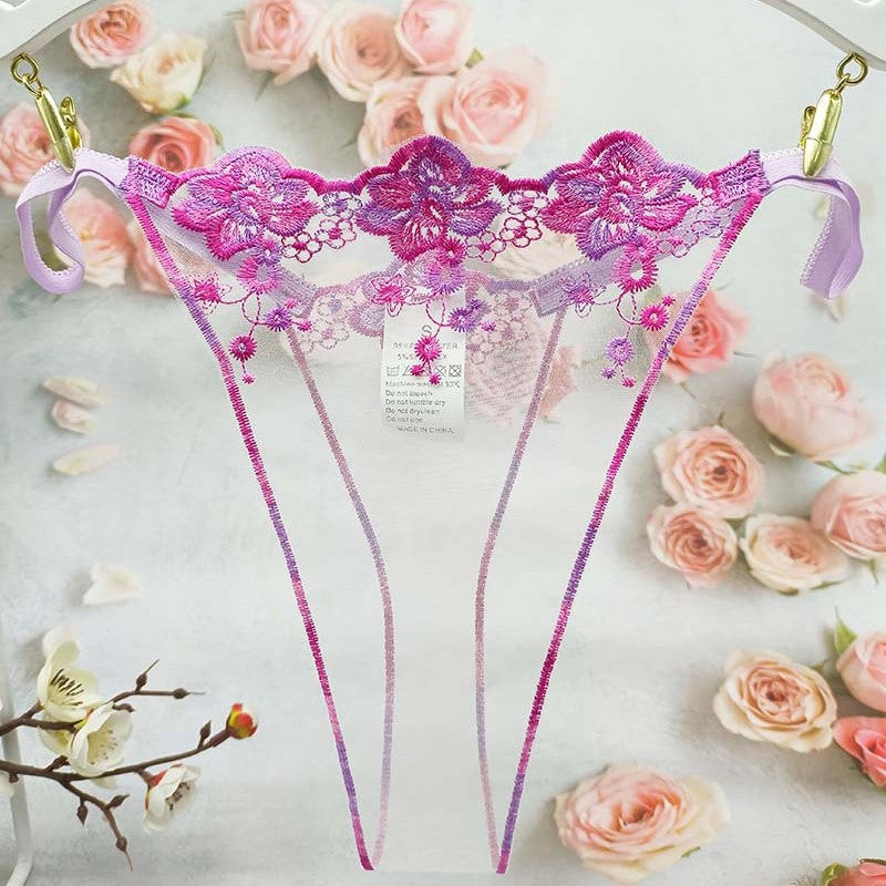 FREEDOMBEAUTY | Embroidery sexy flower women's perspective lace seduction lingerie panties thong cross-border combination
