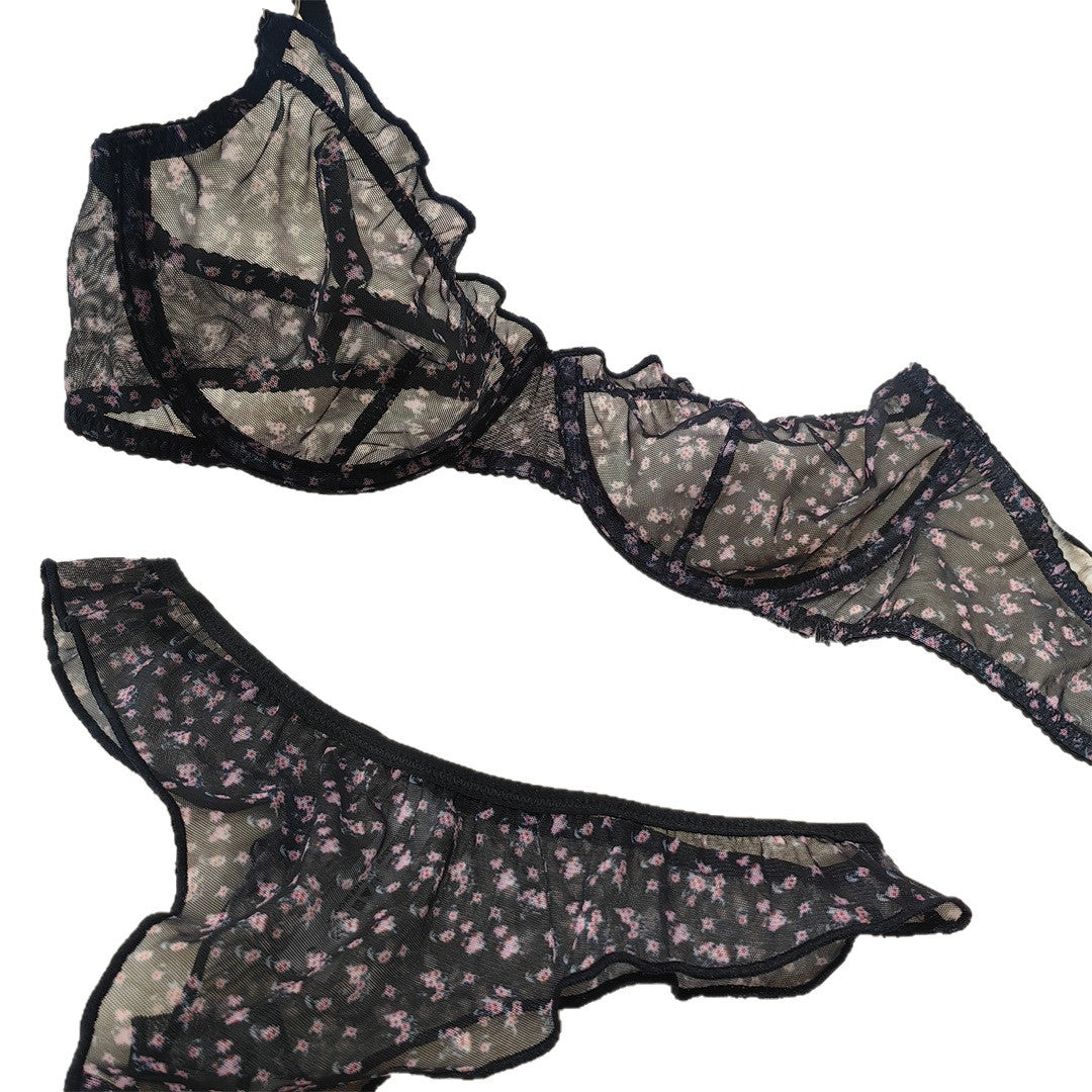 FREEDOMBEAUTY | Foreign trade underwear French lace small floral sweet girl sexy ultra-thin big breasts show small gathering bra set