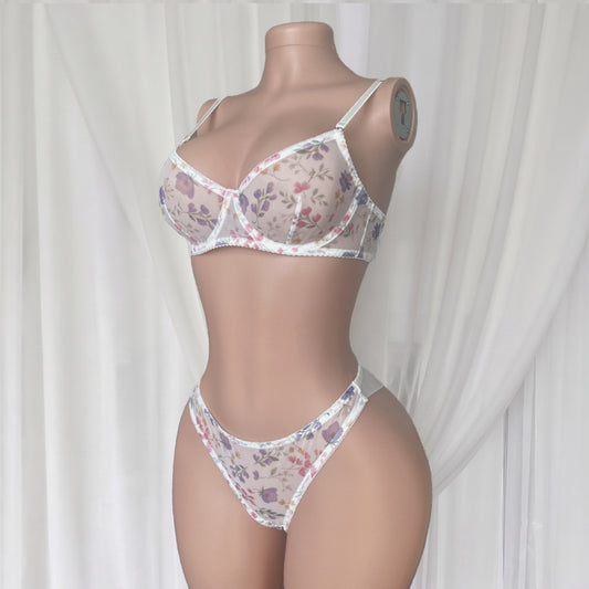 FREEDOMBEAUTY | Cross-border pastoral floral bra set, mesh breathable briefs girl two-piece set