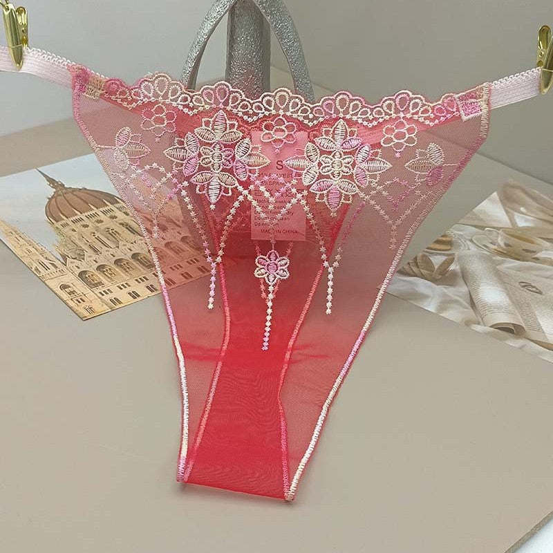 FREEDOMBEAUTY | Triple color green purple pink yellow transparent red mesh pattern embroidery sexy hollow women's sex thong cross-border