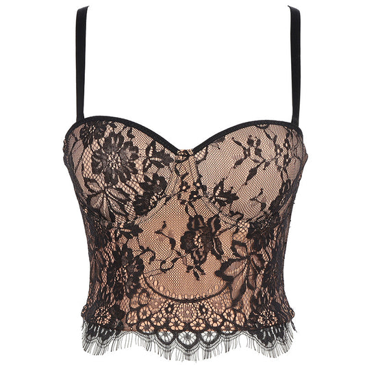 freedombeauty｜Lace sling beautiful back anti-light adjustable with chest pad small vest with steel ring tube top DB1076