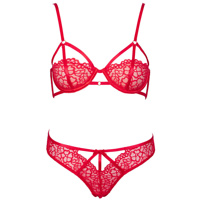 FREEDOMBEAUTY | FQ2770M205 Valentine's Day red lace steel rim double-layer bra neck garter belt low-rise briefs set