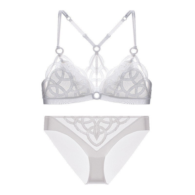 FREEDOMBEAUTY | French sexy back underwear women's big breasts show small large size underwear set thin mesh embroidered steel-rimless bra