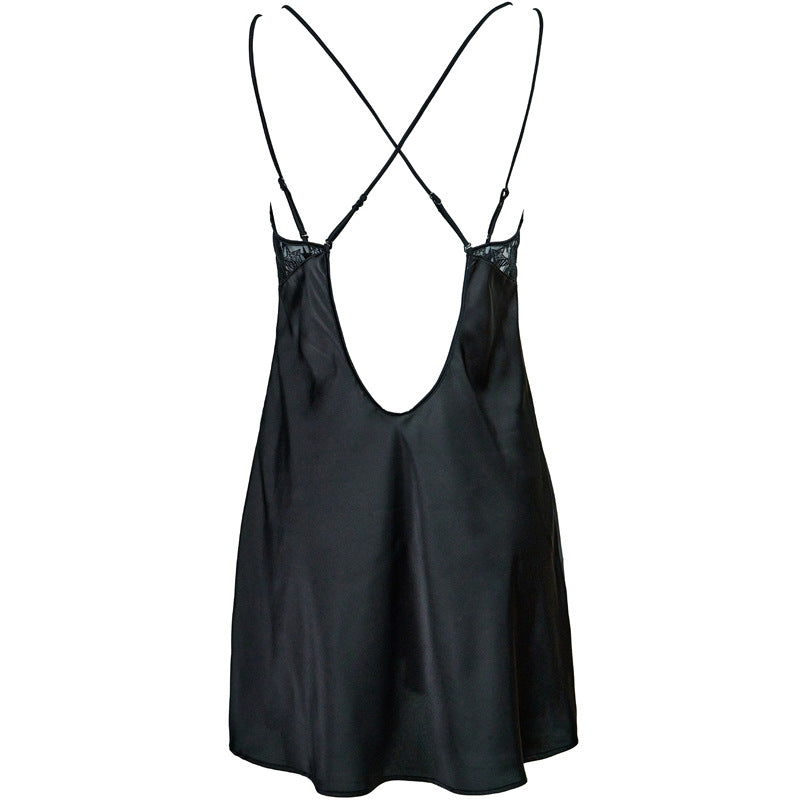 FREEDOMBEAUTY | FQ2861 Suspender Women's Nightdress Sexy Halter Temperament French Star Embroidery Satin Summer Suspender Skirt Black