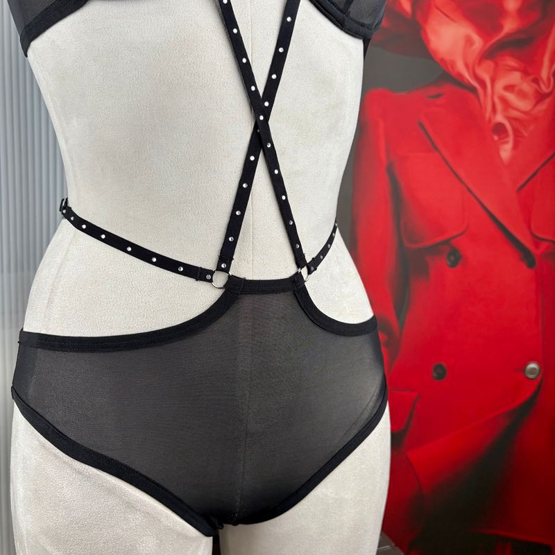 FREEDOMBEAUTY |FQ2702A hot diamond mesh steel tray women's French bra medium and high waist briefs black cross-border foreign trade one-piece