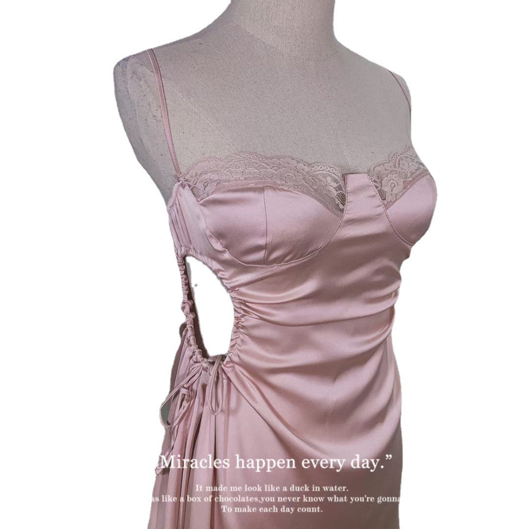 Freedombeauty | Sexy sex nightdress solid color elegant temptation cute drawstring hollow ice silk comfortable suspender pajamas single skirt