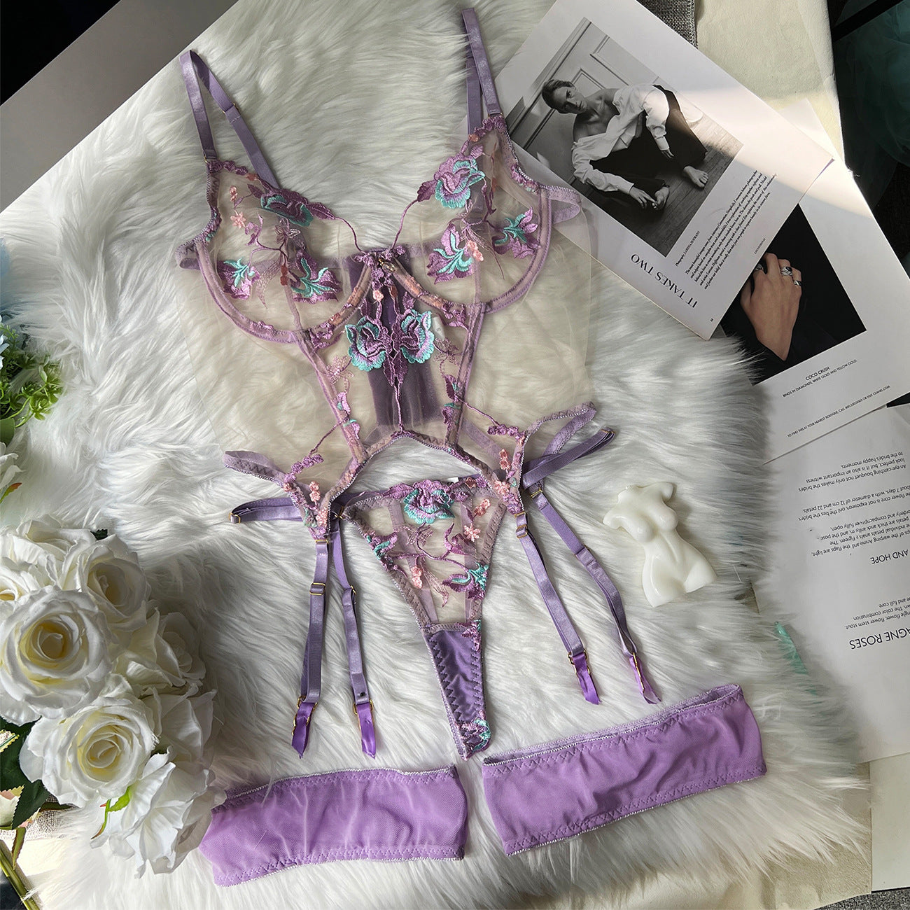 freedombeauty|Popular Sexy Temptation Mesh Heavy Industry Embroidery Mesh 3-piece Bra Set