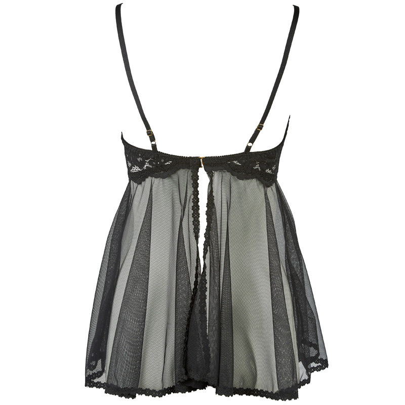 Freedombeauty | FQ2682 Cross Strap Lace Mesh Perspective Dress Open Crotch Thong Black Sex Dress Set Cross Border