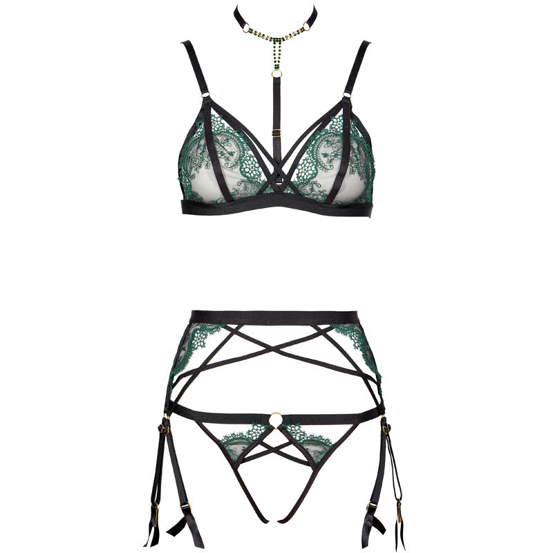 Freedombeauty | FQ2765 Premium Embroidered Mesh Thin Transparent Sex Underwear Rhinestone Removable T-Scrotch Garter Set