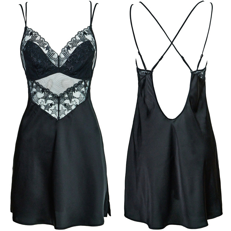 FREEDOMBEAUTY | FQ2861 Suspender Women's Nightdress Sexy Halter Temperament French Star Embroidery Satin Summer Suspender Skirt Black