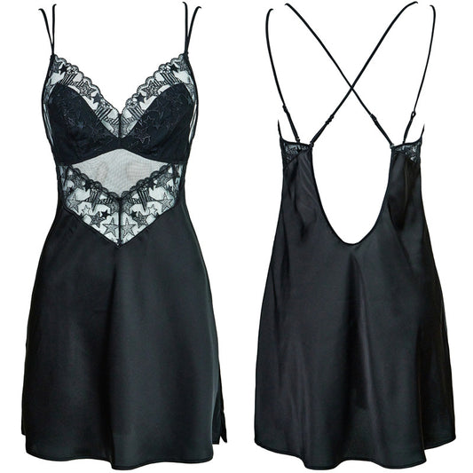 FREEDOMBEAUTY | FQ2861 Suspender Women's Nightdress Sexy Halter Temperament French Star Embroidery Satin Summer Suspender Skirt Black